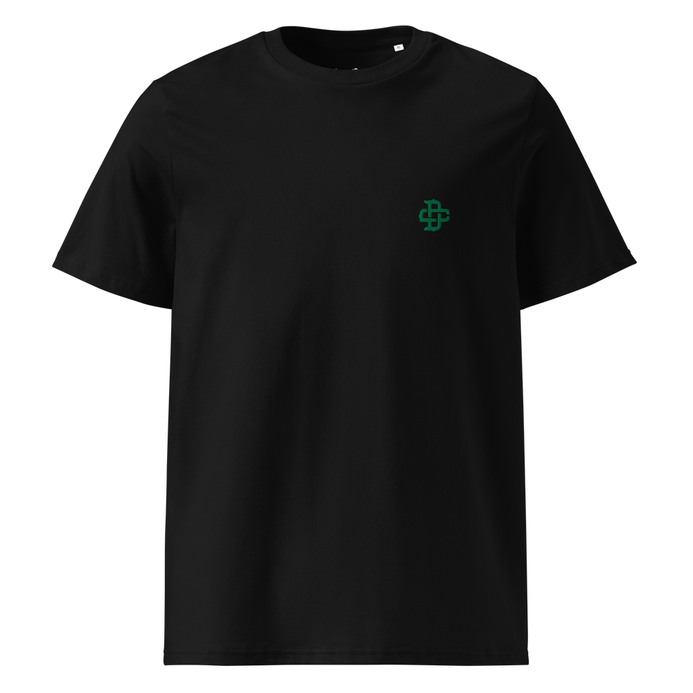 Product mockup of a black t shirt featuring the DC logo monogram embroidered on the left chest