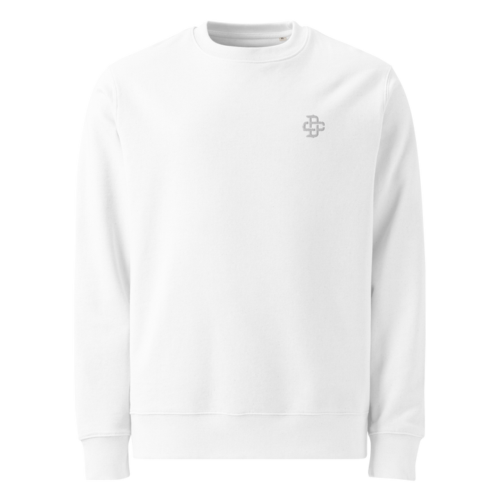 Product mockup of white sweatshirt with the DC logo embroidered on the left chest in white