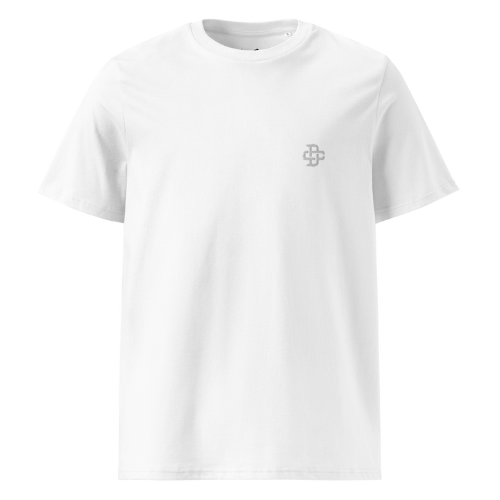 White t-shirt with black dsign crtel logo monogram embroidered on the left chest front view, made from 100% organic ring-spun cotton, regular fit with ribbed collar and double-needle stitching for added durability.