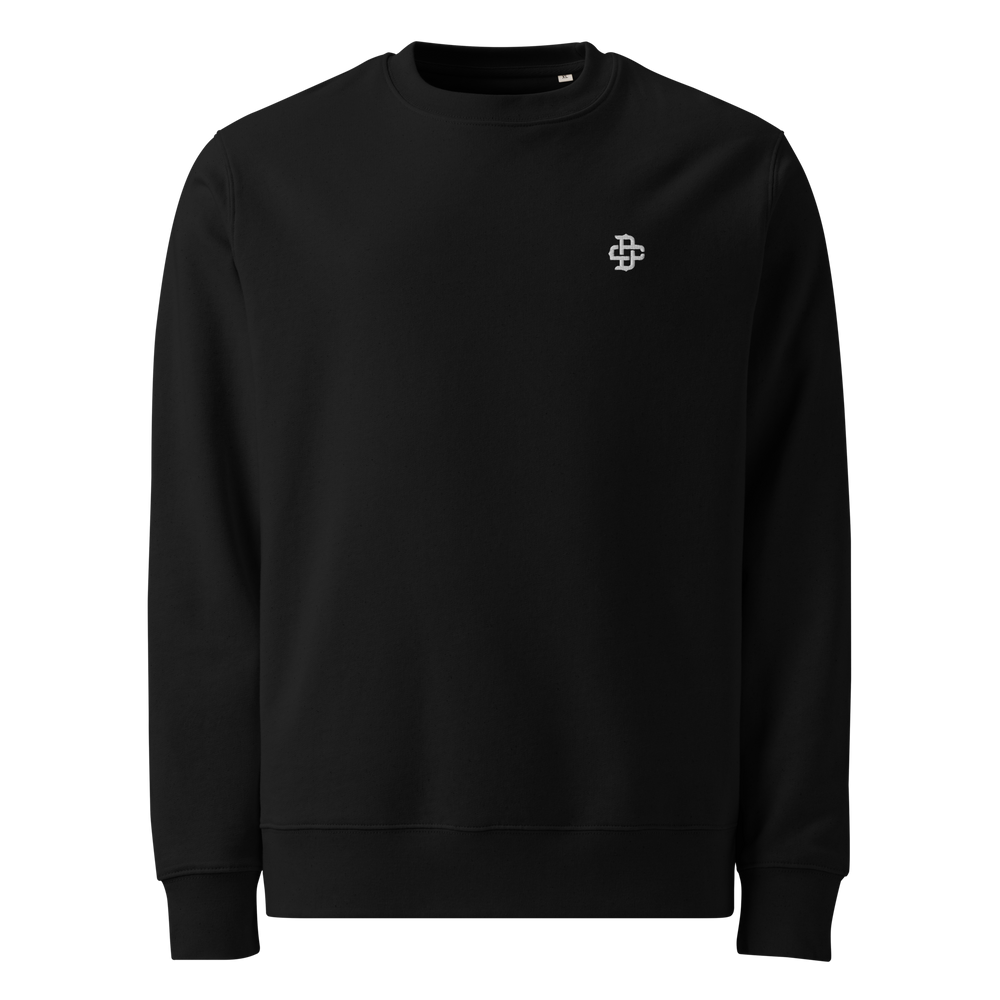 Black sweatshirt with DC monogram embroidered on front left chest.