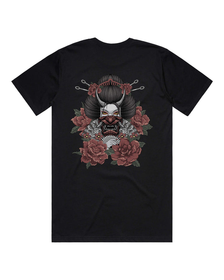 Black graphic t-shirt with large demon geisha back print