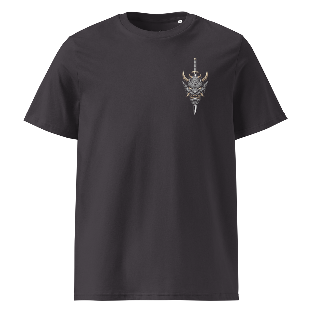 Anthracite Demon Slayer Oni Mask Graphic Tee featuring a left chest print of an oni mask pierced by a katana, inspired by Japanese Irezumi tattoo art