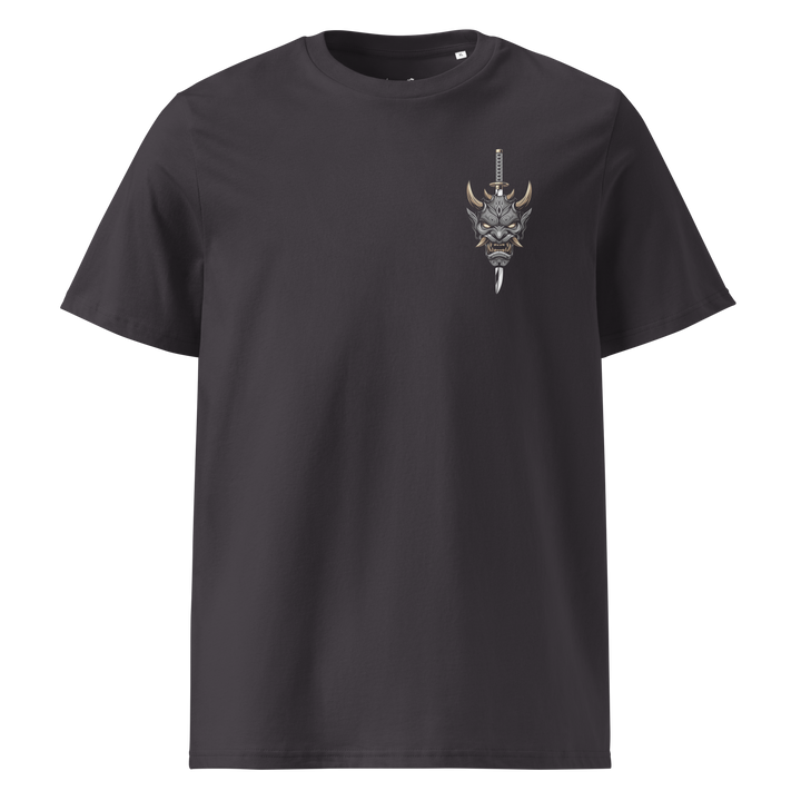 Anthracite Demon Slayer Oni Mask Graphic Tee featuring a left chest print of an oni mask pierced by a katana, inspired by Japanese Irezumi tattoo art