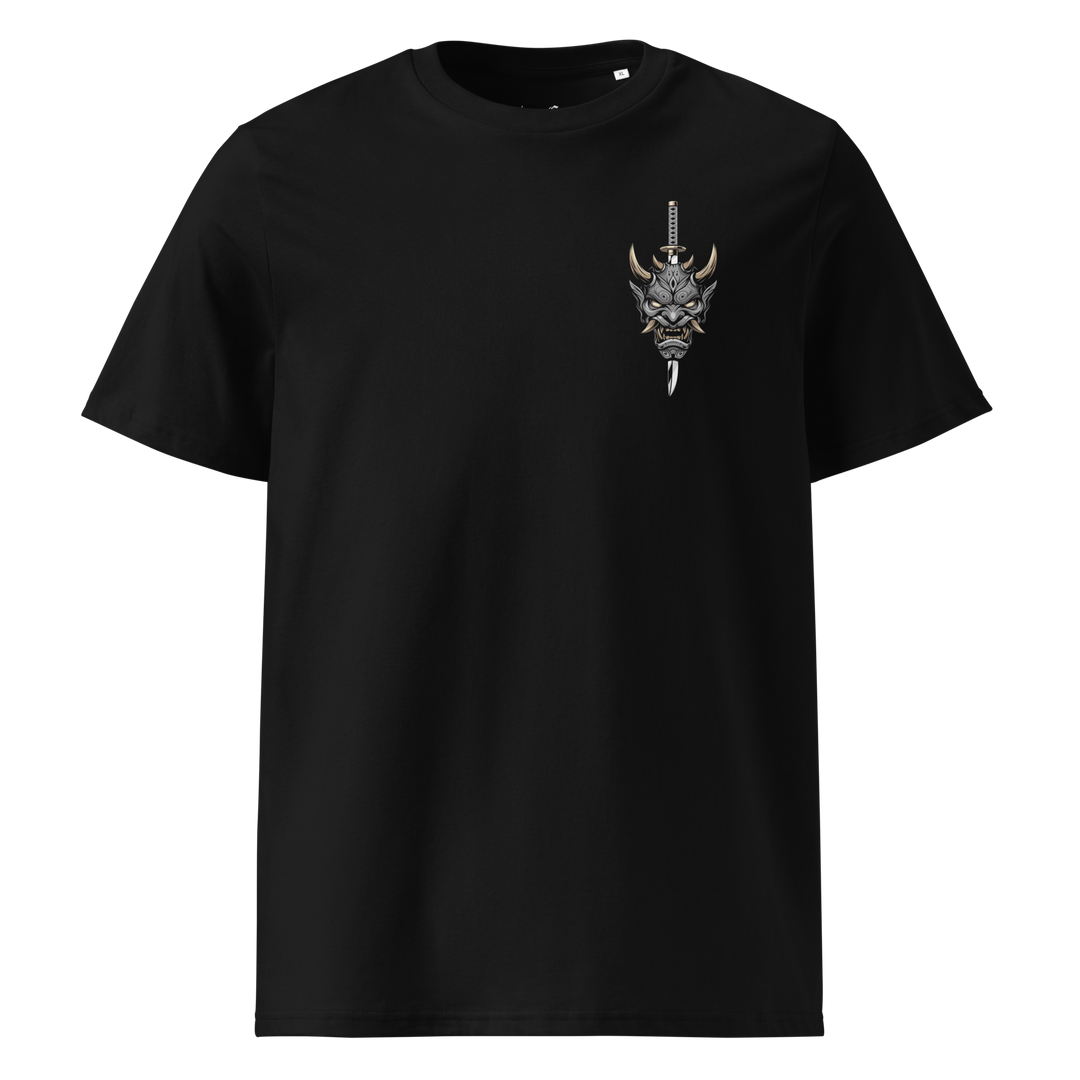 Black Demon Slayer Oni Mask Graphic Tee featuring a left chest print of an oni mask pierced by a katana, inspired by Japanese Irezumi tattoo art