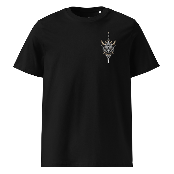 Black Demon Slayer Oni Mask Graphic Tee featuring a left chest print of an oni mask pierced by a katana, inspired by Japanese Irezumi tattoo art