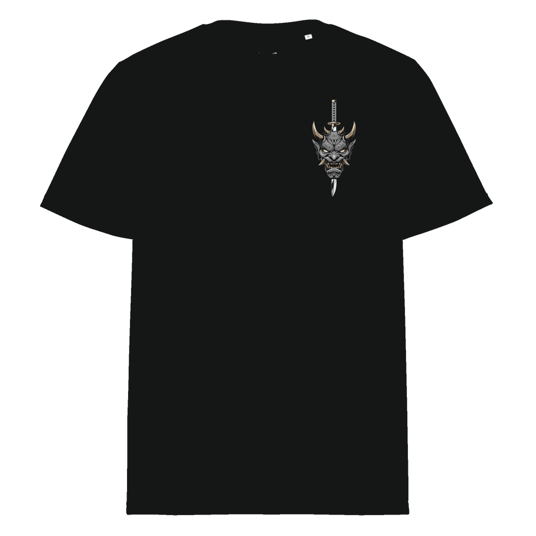 Black Demon Slayer Oni Mask Graphic Tee featuring a left chest print of an oni mask pierced by a katana, inspired by Japanese Irezumi tattoo art