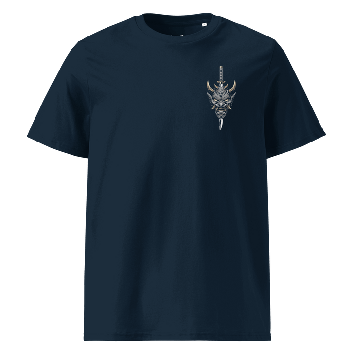 French Navy Demon Slayer Oni Mask Graphic Tee featuring a left chest print of an oni mask pierced by a katana, inspired by Japanese Irezumi art