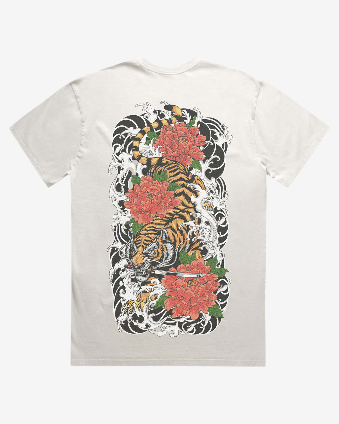 faded bone graphic t-shirt with a tiger and floral design on the back against a white background