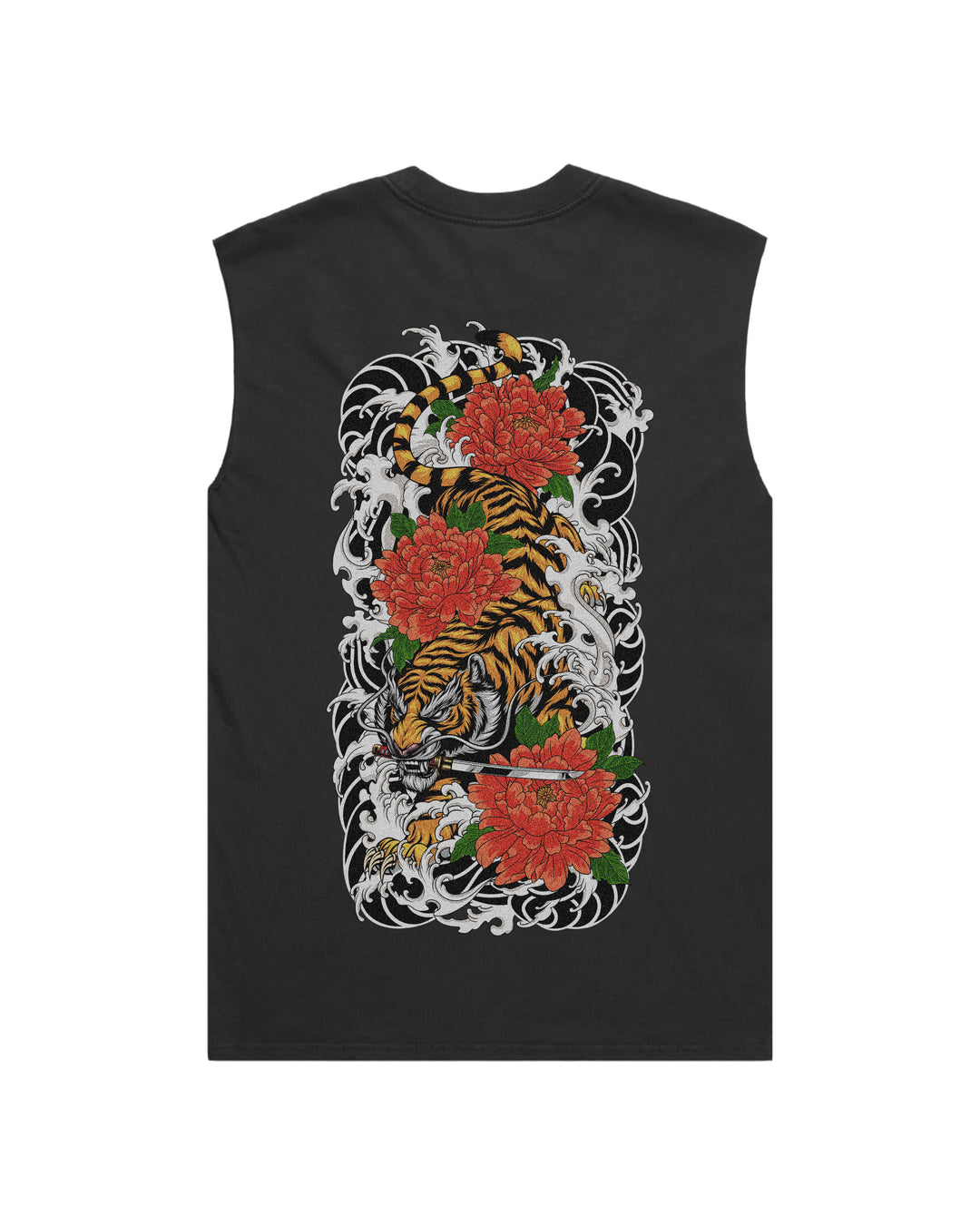 Faded black tank top with Japanese tiger descending through irezumi waves
