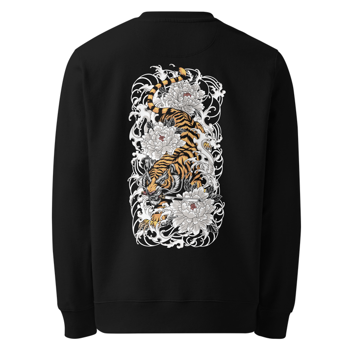 Black sweatshirt featuring a detailed back print of a descending tiger amidst swirling clouds and intricate white flowers, blending Japanese-inspired artistry with modern fashion.