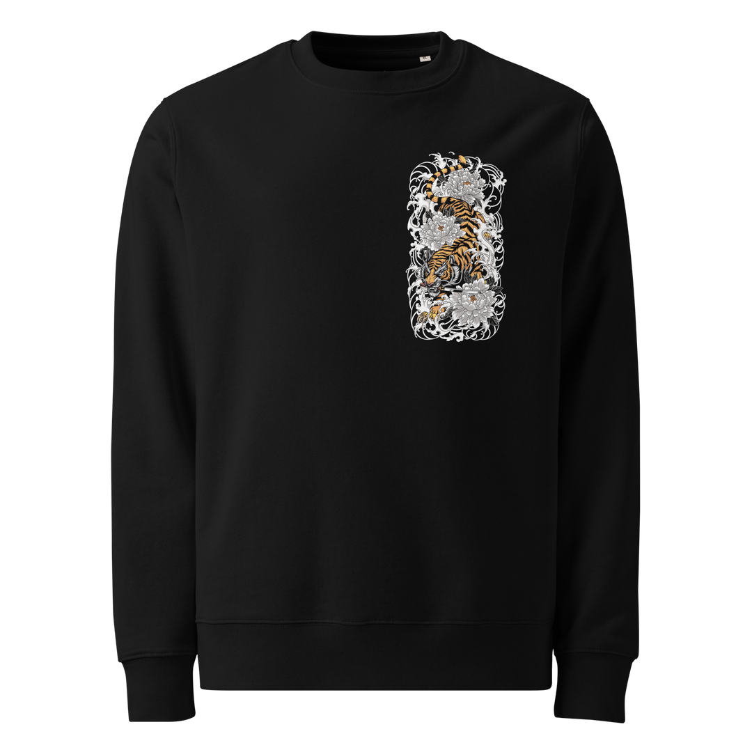 A black sweatshirt with a detailed left chest print of a descending tiger surrounded by florals and waves, inspired by Japanese art.