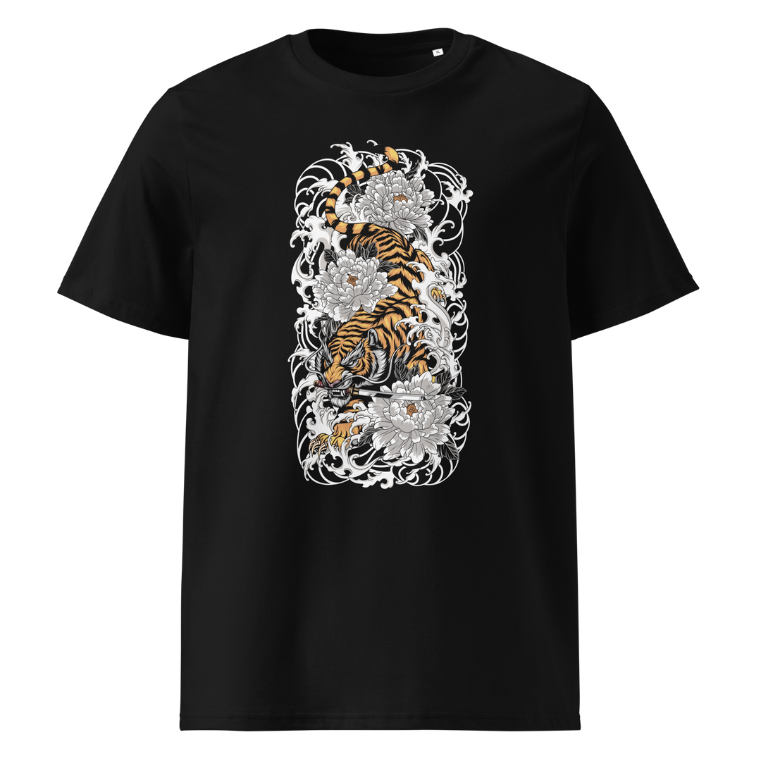 Black t-shirt with a large front print of a tiger descending through swirling clouds and white flowers, accented with intricate details.