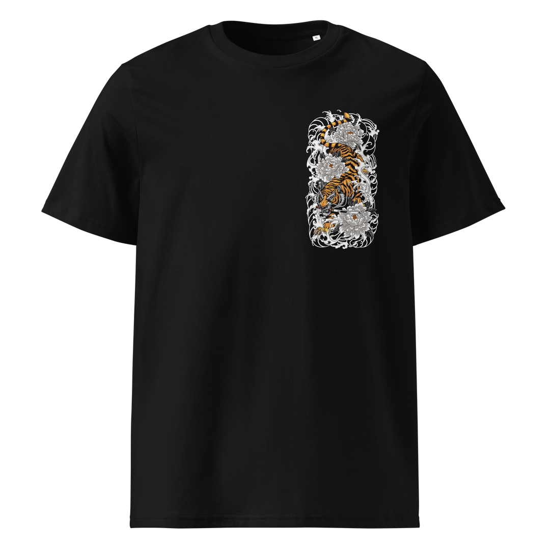 Black t-shirt featuring a detailed left chest print of a tiger descending through swirling clouds and white flowers.