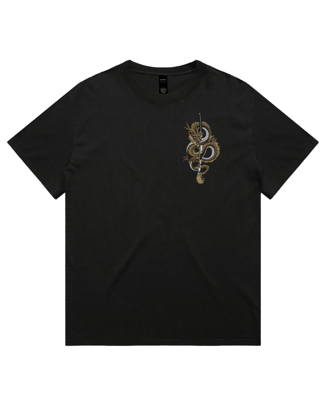 A black short-sleeve crewneck t-shirt featuring a detailed graphic print of a coiled dragon wrapped around a sword on the left chest, set against a plain white background.