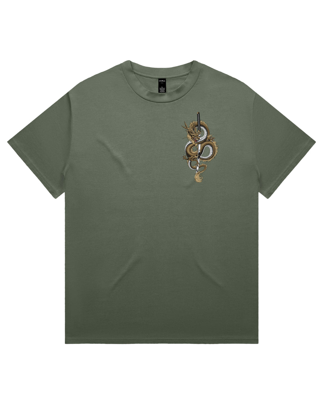 Cypress green short-sleeve t-shirt with a detailed graphic print of a dragon wrapped around a sword on the left chest, displayed flat against a white background.