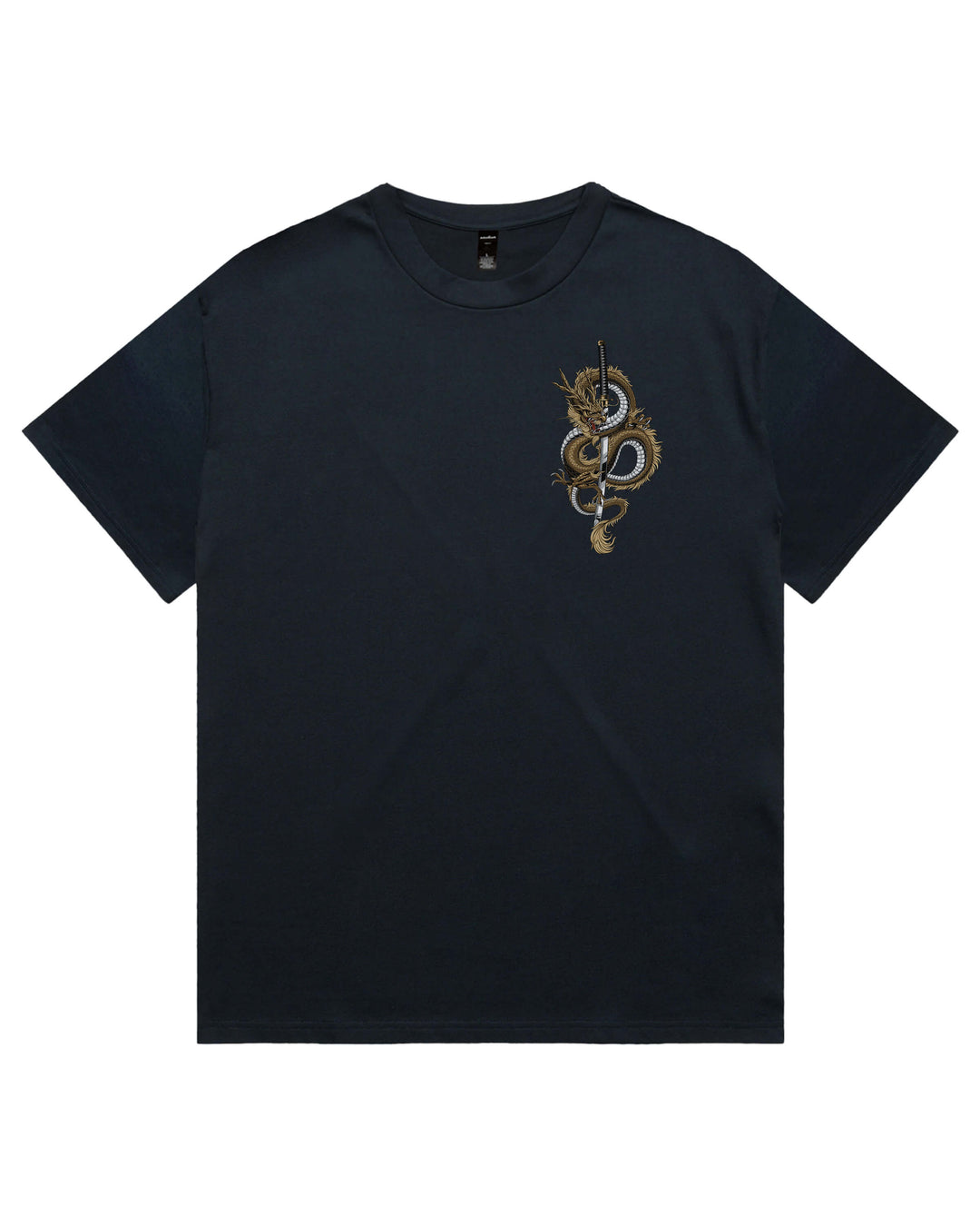 A dark navy blue short-sleeve crewneck t-shirt featuring a detailed graphic print of a coiled dragon wrapped around a sword on the left chest, set against a plain white background.