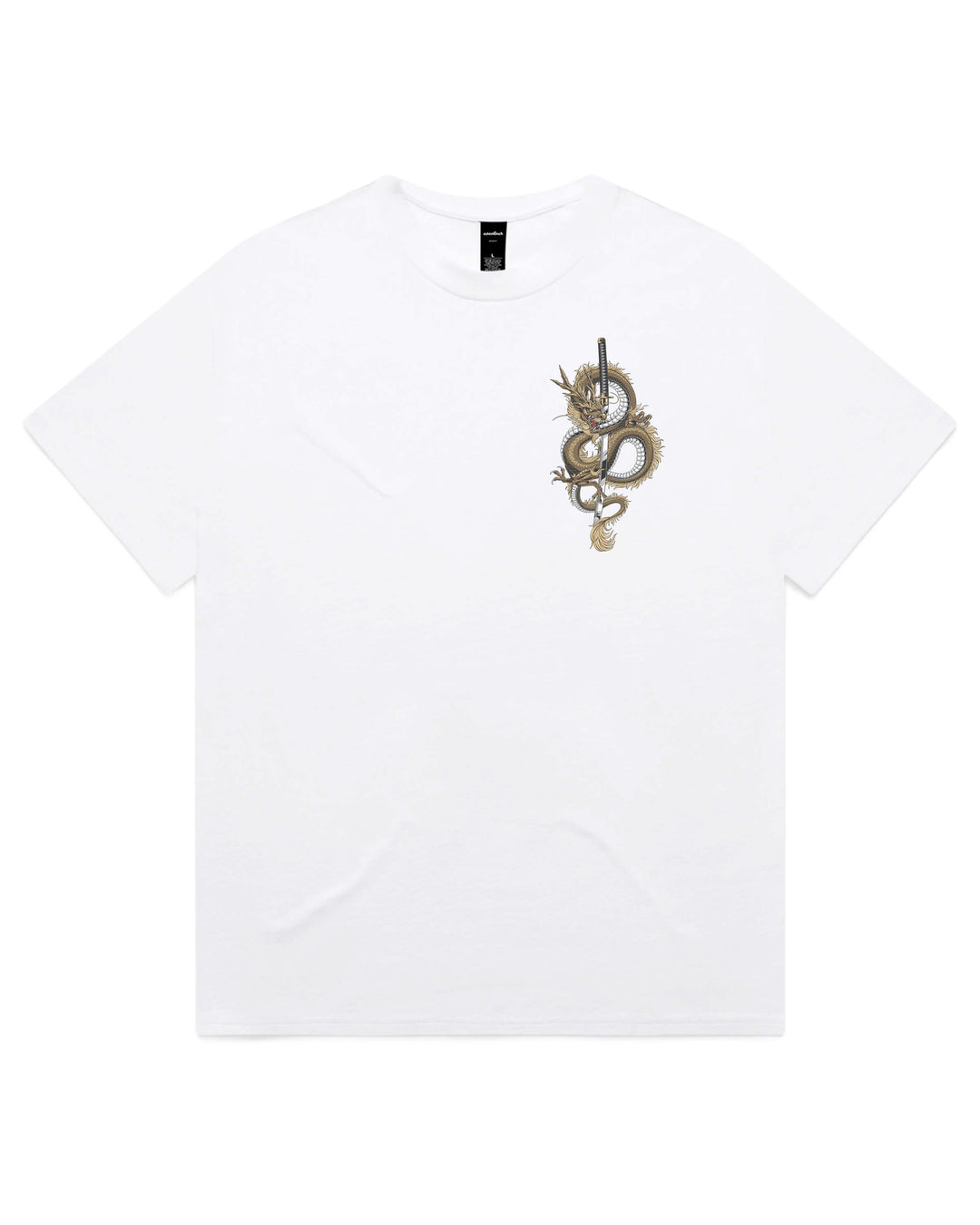 A white short-sleeve crewneck t-shirt featuring a metallic gold and silver dragon coiled around a dagger motif on the left chest, displayed flat against a white background.