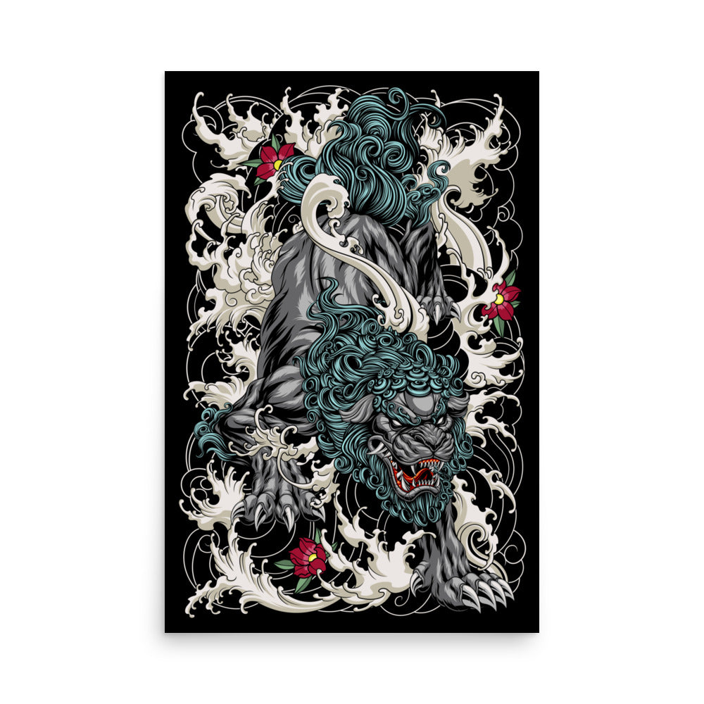 Diving Komainu Poster With Tattoo Inspired Artwork