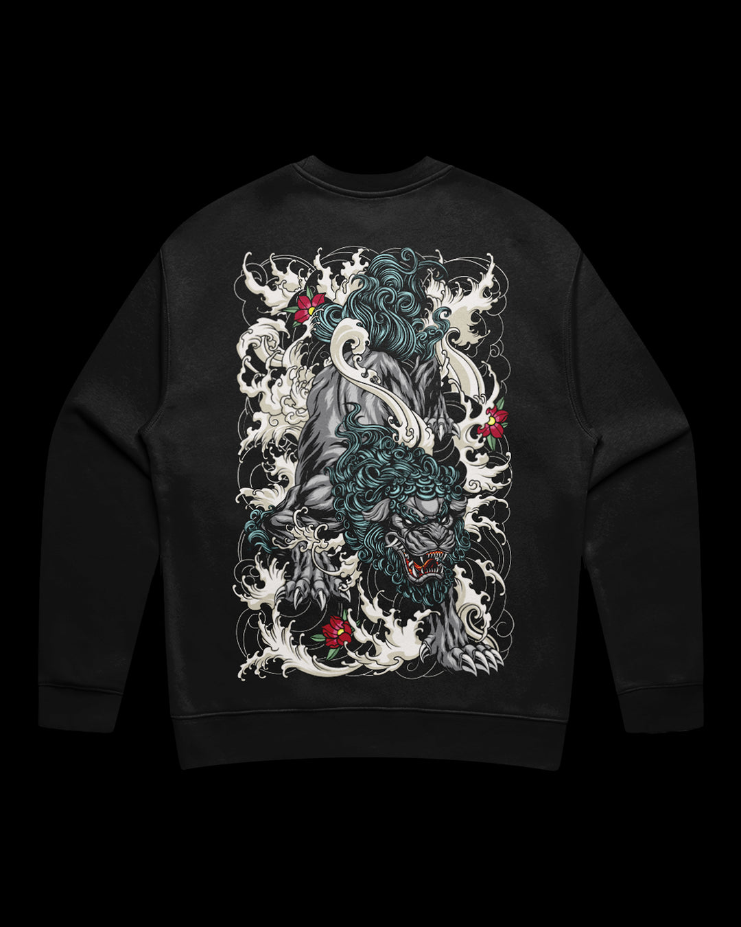 Sweatshirt with a large back print featuring a mythical guardian lion,irezumi-style detail, and smoke and flame motifs. The sweatshirt also has a matching detail on the left chest.