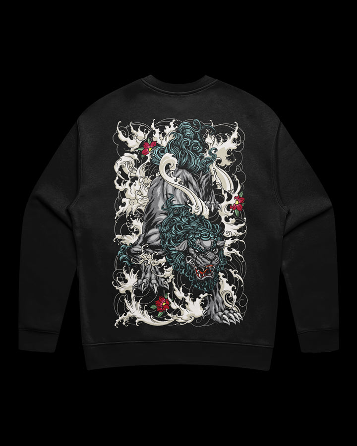 Sweatshirt with a large back print featuring a mythical guardian lion,irezumi-style detail, and smoke and flame motifs. The sweatshirt also has a matching detail on the left chest.