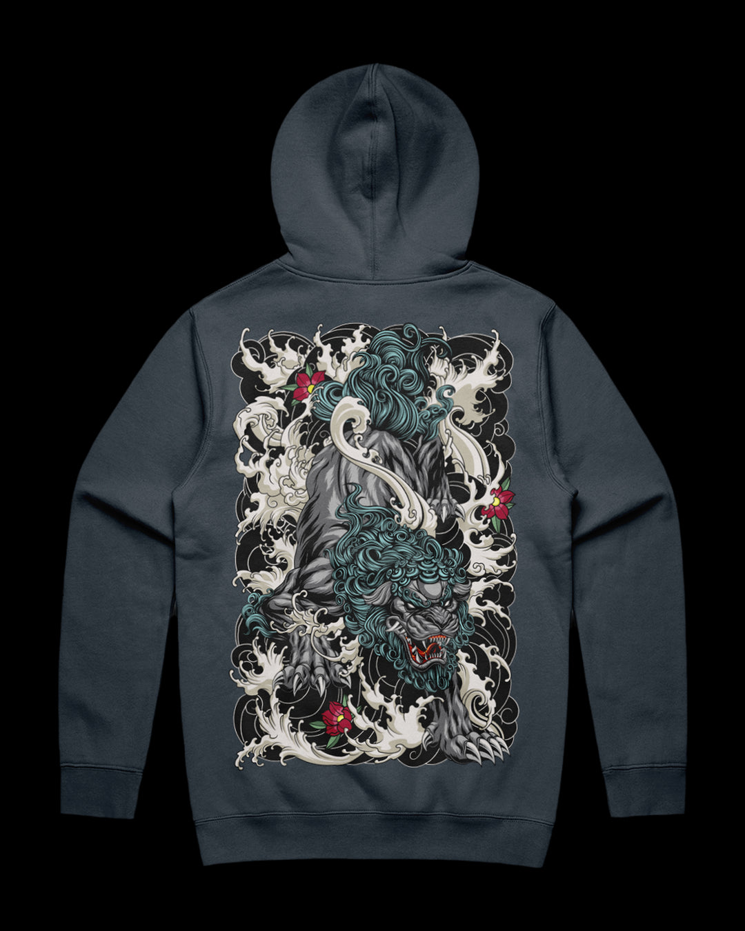 petrol hoodie with komainu back print