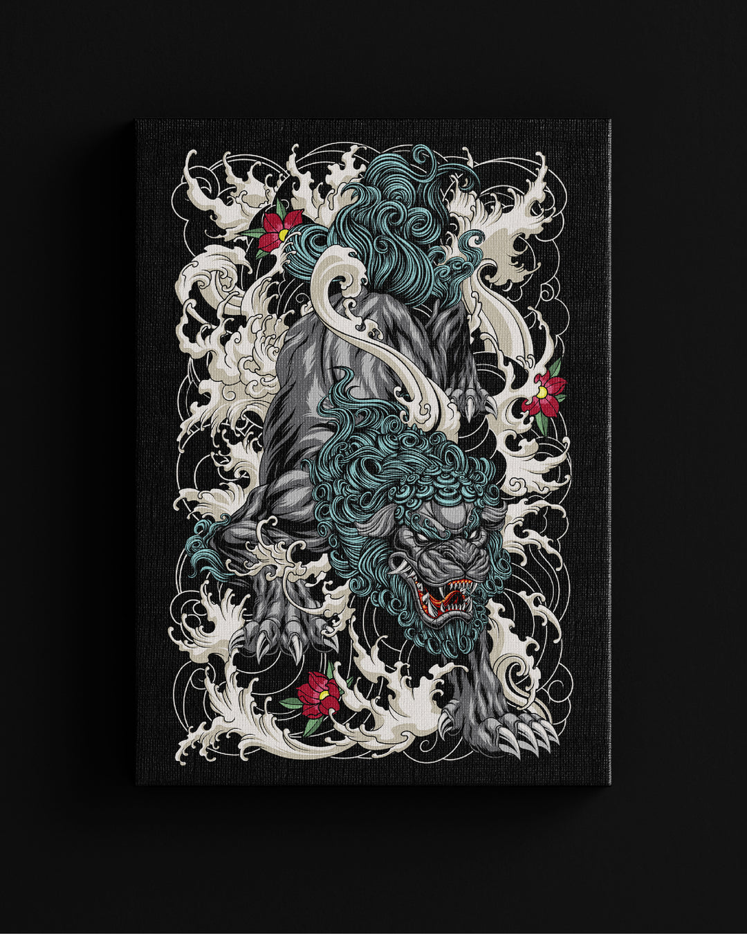 irezumi inspired lion dog canvas