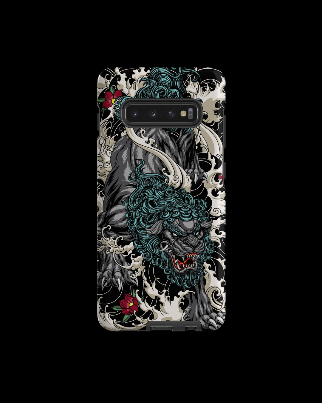 Phone case with intricate komainu design on a black background