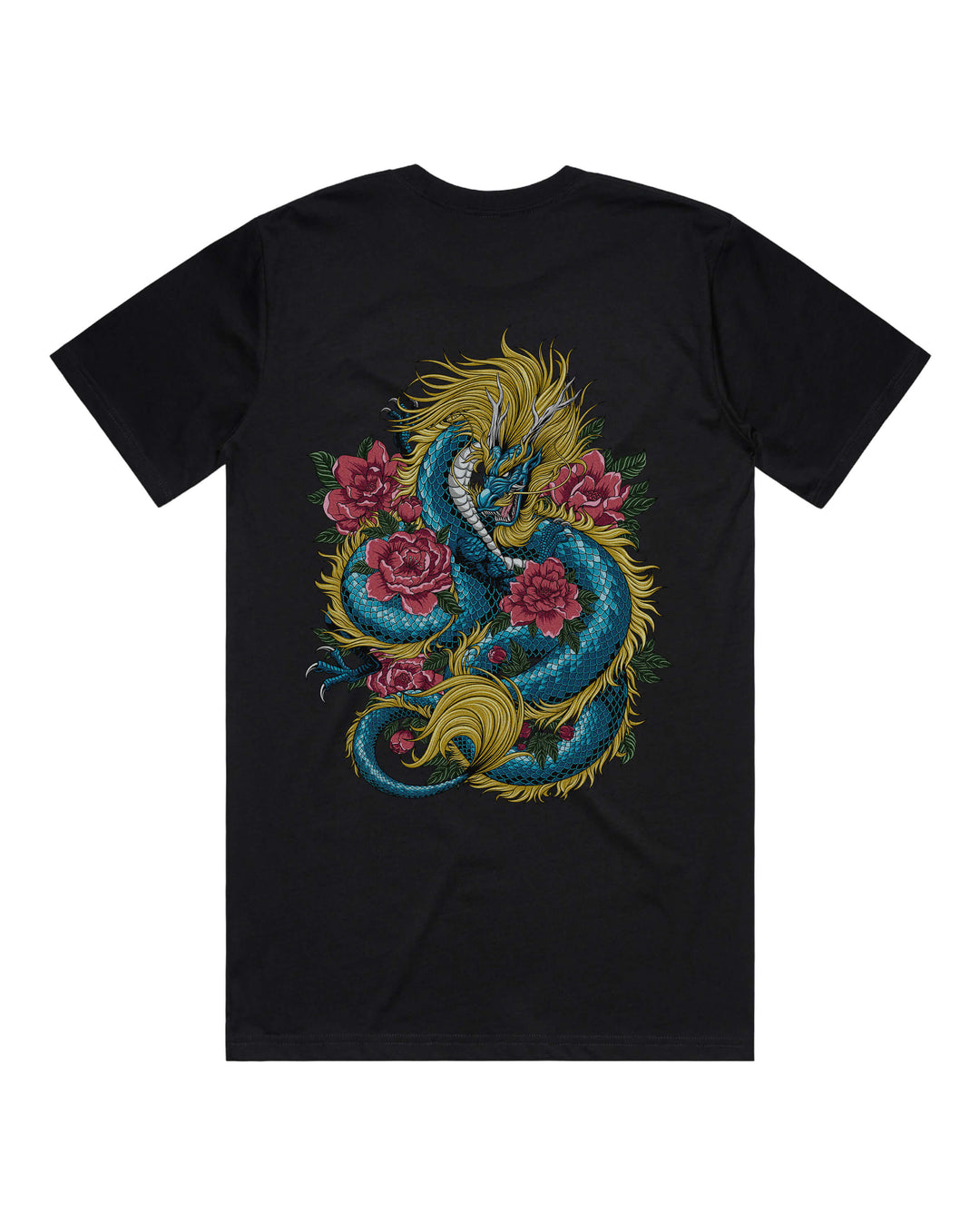 Black graphic t-shirt with large dragon coiled around flowers back print