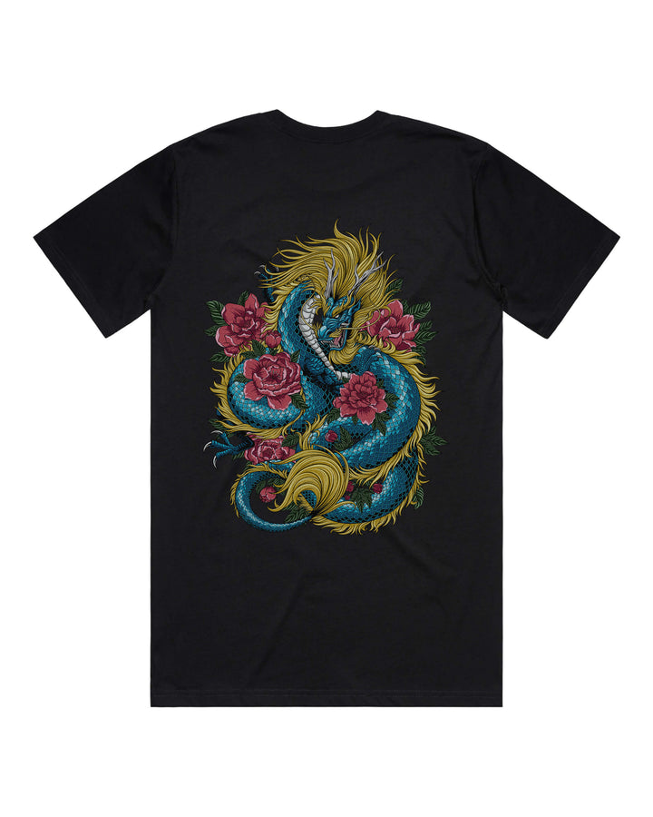 Black graphic t-shirt with large dragon coiled around flowers back print