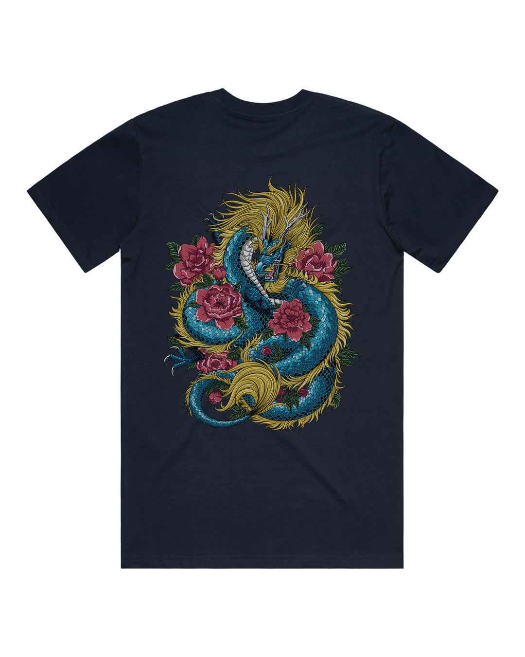 Navy graphic t-shirt with large dragon coiled around flowers back print