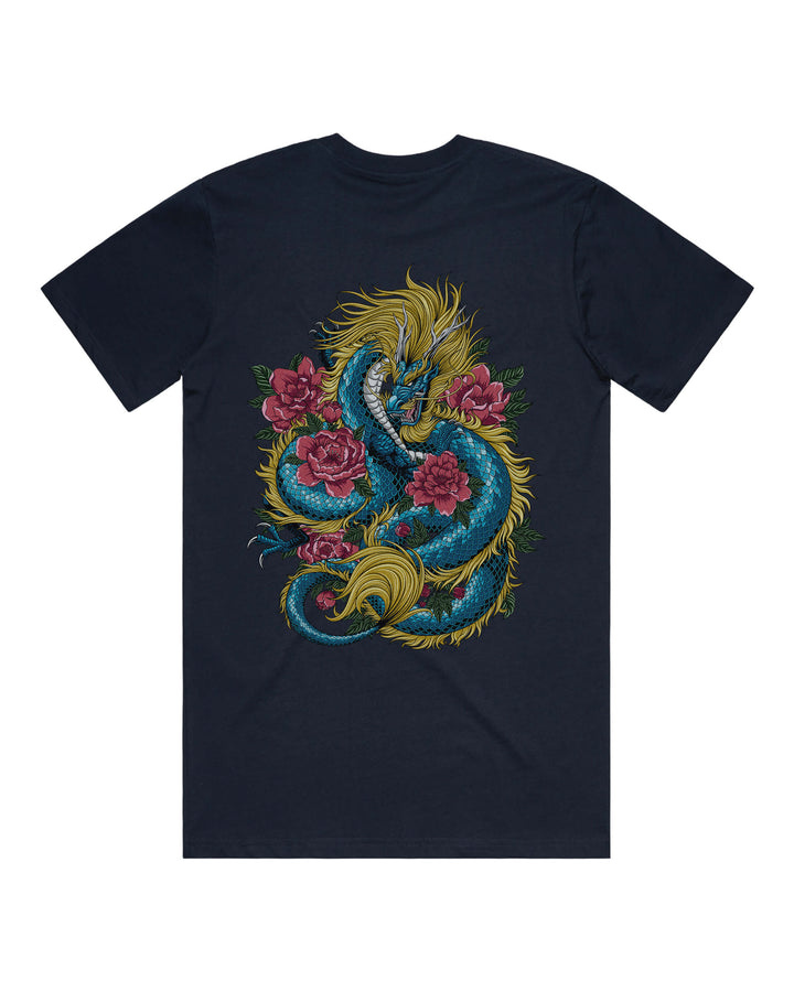Navy graphic t-shirt with large dragon coiled around flowers back print