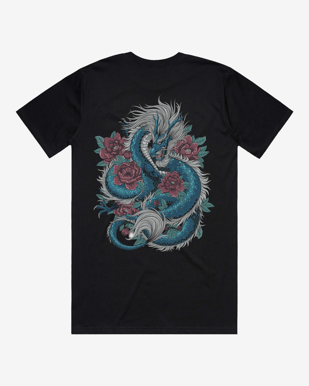 Black t-shirt with a dragon and floral design