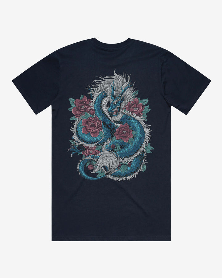 t-shirt with a dragon and floral design