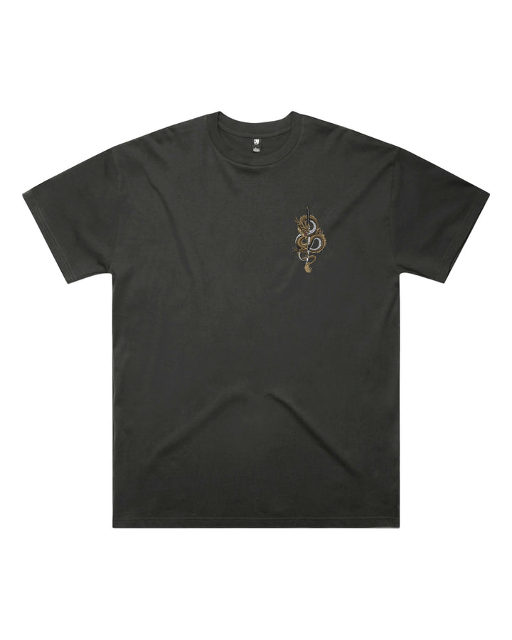 Back view of Dragons Katana Mens Oversized Tee in Coal
