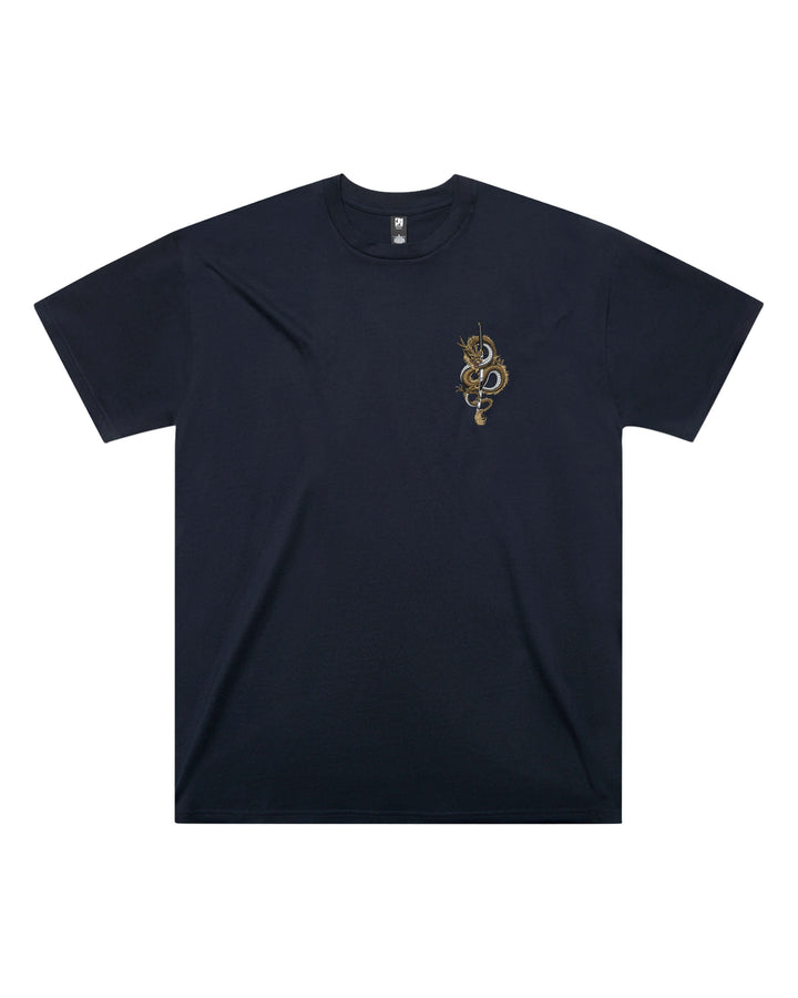 Back view of Dragons Katana Mens Oversized Tee in Navy