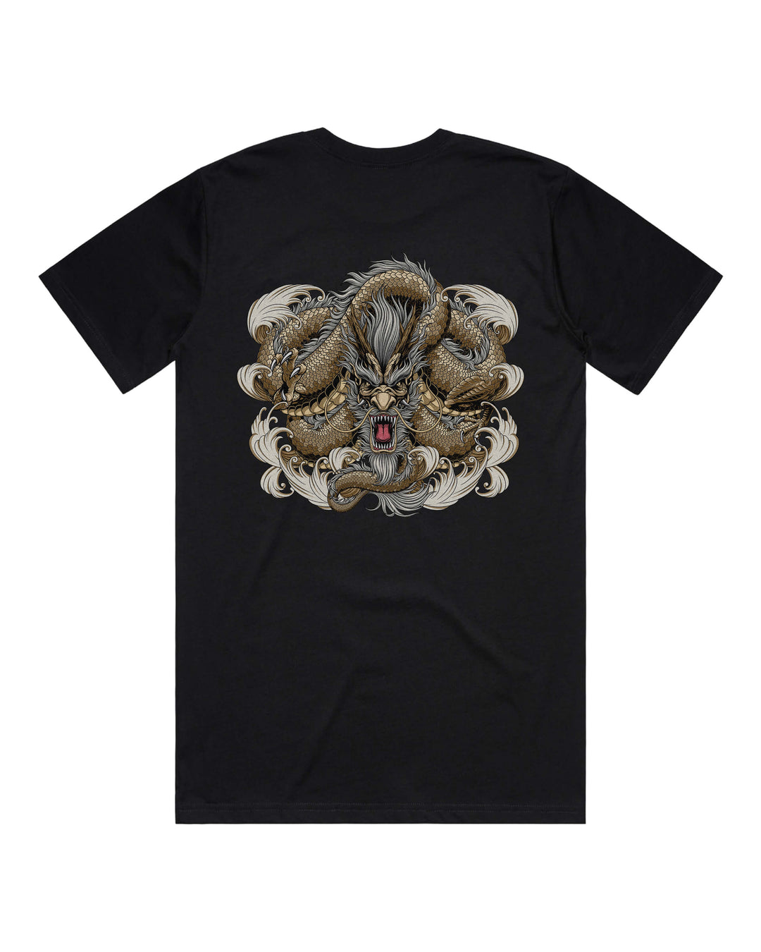 Black graphic t-shirt with large gold coiled dragon back print