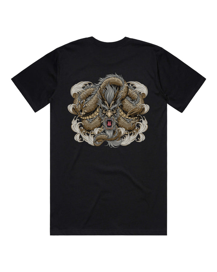 Black graphic t-shirt with large gold coiled dragon back print