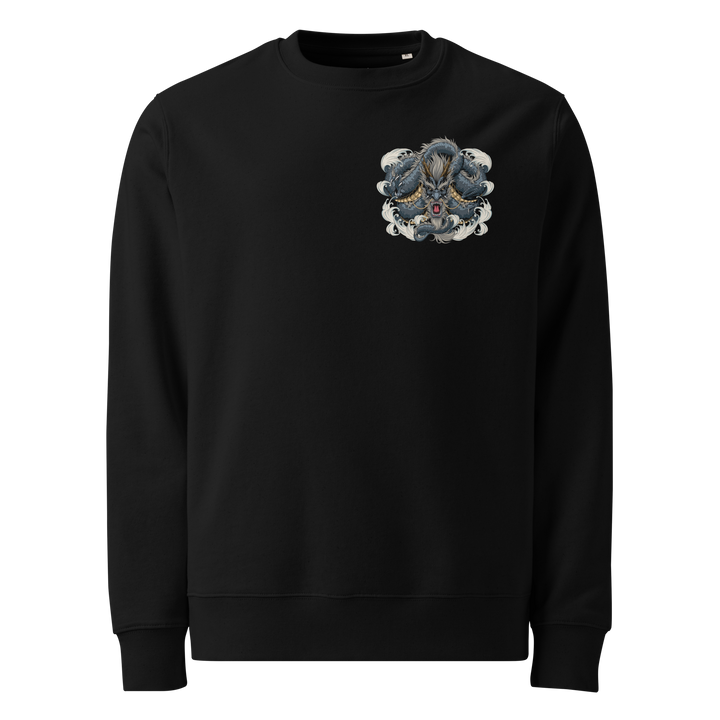 Black Dragon Weave Graphic Sweatshirt featuring a coiled dragon, inspired by Japanese Irezumi tattoo art