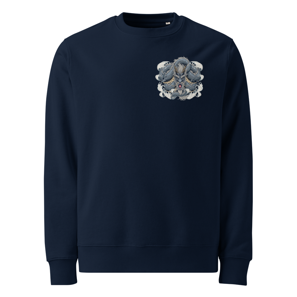 French Navy Dragon Weave Graphic Sweatshirt featuring a coiled dragon design, perfect for those who appreciate Japanese tattoo-inspired streetwear