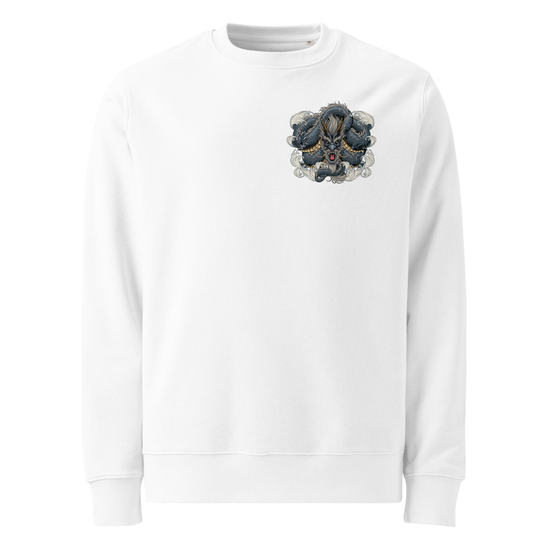 White Dragon Weave Graphic Sweatshirt with an intricate dragon design, blending Japanese tattoo art with streetwear fashion