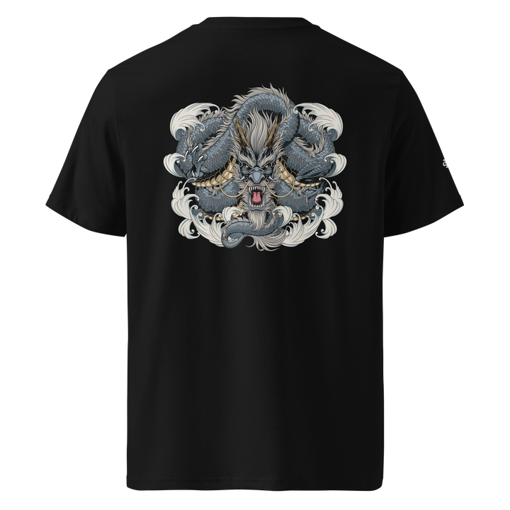 Black Dragon Weave Graphic Tee featuring a back print with a detailed coiled dragon inspired by Japanese Irezumi