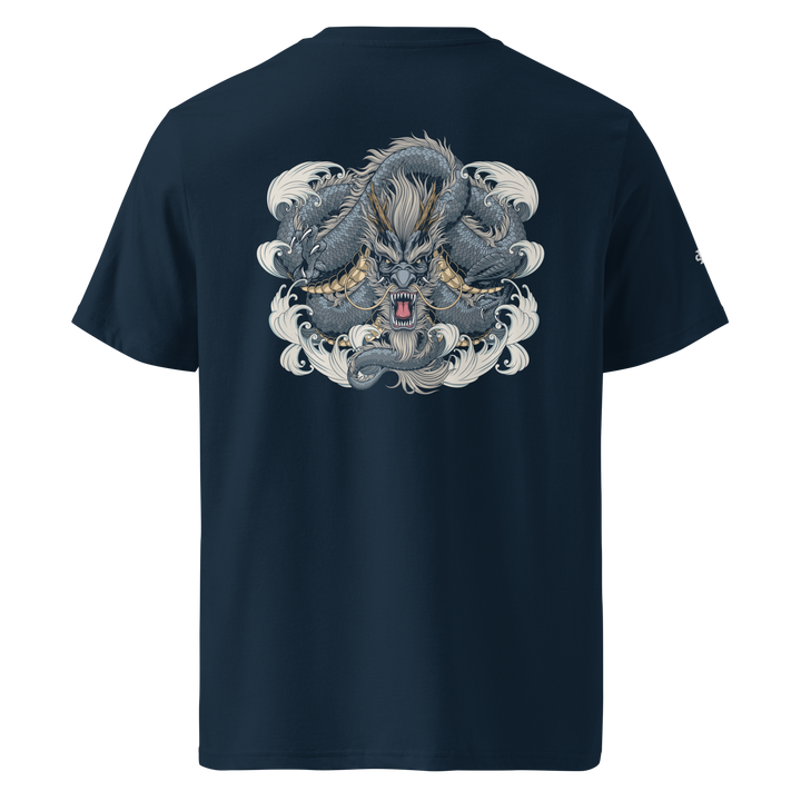 French Navy Dragon Weave Graphic Tee with a bold back print featuring a coiled dragon inspired by traditional Japanese tattoo art