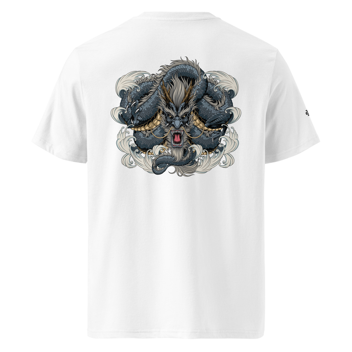 White Dragon Weave Graphic Tee with a back print of a coiled dragon, blending Japanese streetwear with Irezumi tattoo art