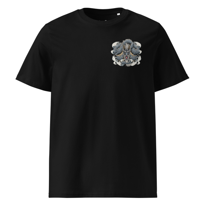 Black Dragon Weave Graphic Tee featuring a minimalist left chest print of a coiled dragon, inspired by Irezumi art