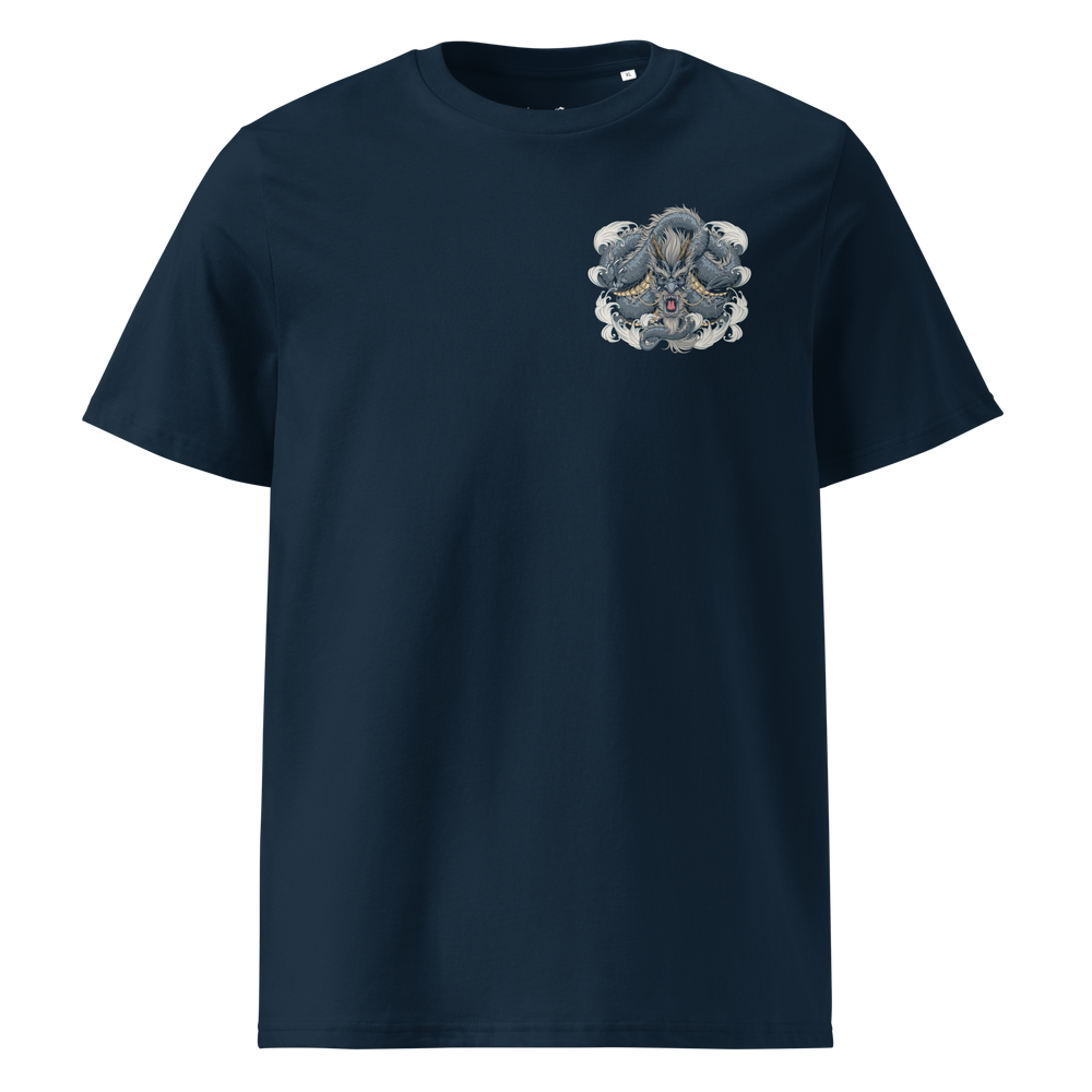 French Navy Dragon Weave Graphic Tee featuring a minimalist left chest print inspired by Japanese Irezumi dragon motifs