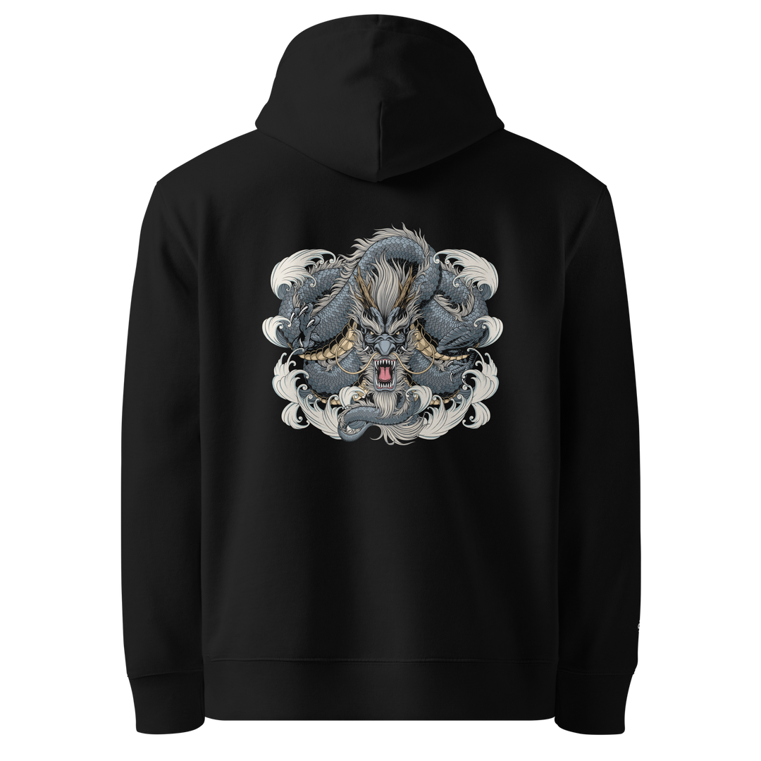 Dragon Weave Graphic Hoodie in Black with a bold back print of a coiling dragon.