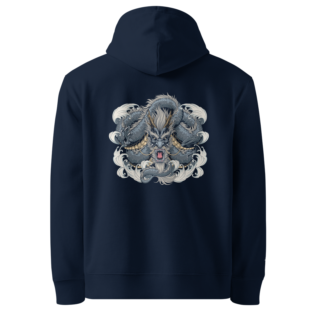 Dragon Weave Graphic Hoodie in French Navy with a bold back print of a coiling dragon.