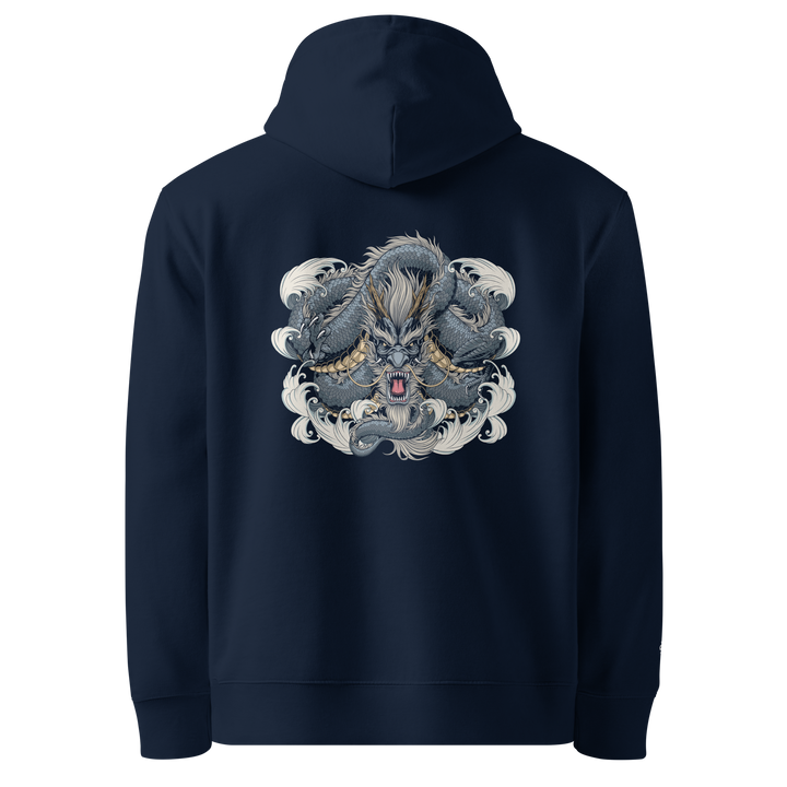 Dragon Weave Graphic Hoodie in French Navy with a bold back print of a coiling dragon.