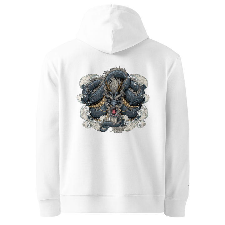 Dragon Weave Graphic Hoodie in White with a bold back print of a coiling dragon.