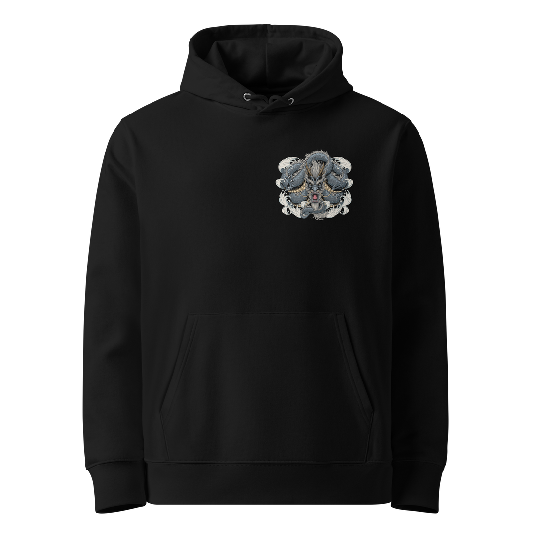 Dragon Weave Graphic Hoodie in Black with a left chest print of a coiling dragon.